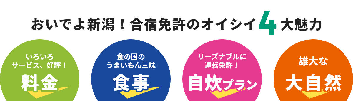 おいでよ新潟!合宿免許のオイシイ4大魅力。いろいろサービス、好評!料金。食の国のうまいもん三昧食事。リーズナブルに運転免許!自炊プラン。雄大な大自然。