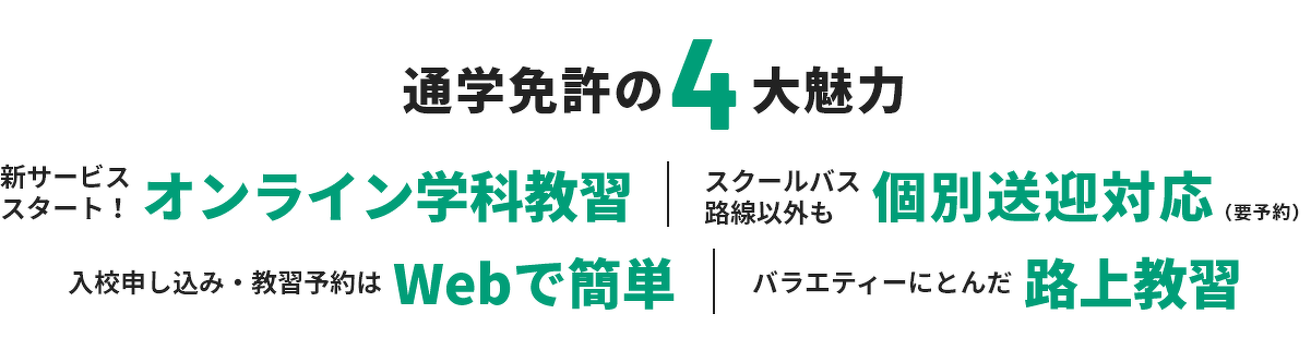 通学免許の4大魅力。新サービス スタート！オンライン学科教習。スクールバス 路線以外も個別送迎対応（要予約）。入校申し込み・教習予約はWebで簡単。バラエティーにとんだ路上教習。